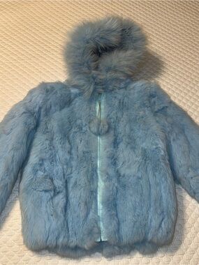 Che Bella Plush Light Blue Real Fur Hooded Jacket size 10